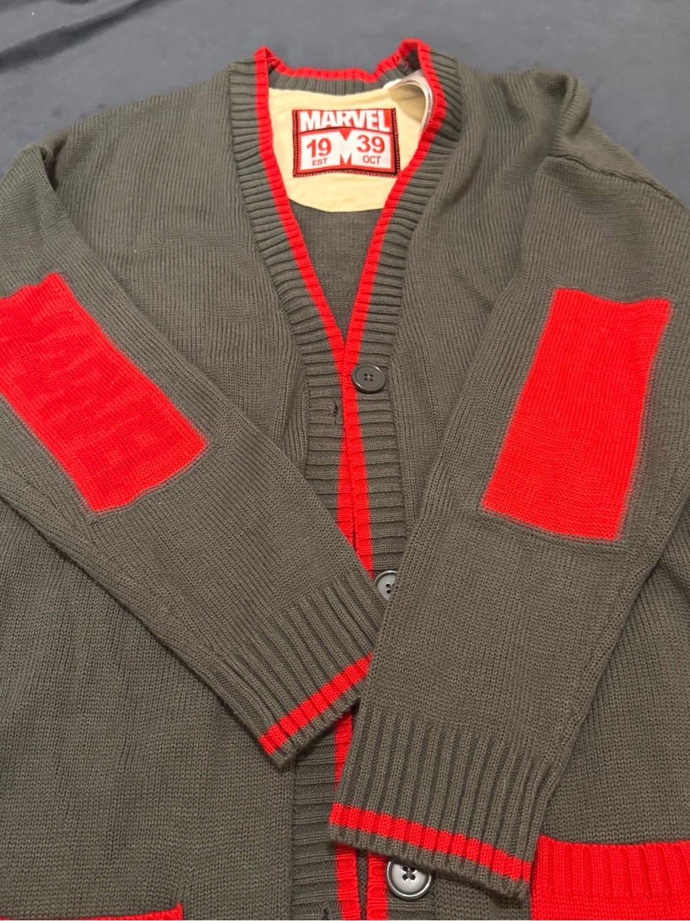 Marvel Gray Cardigan with Red Elbow Patches